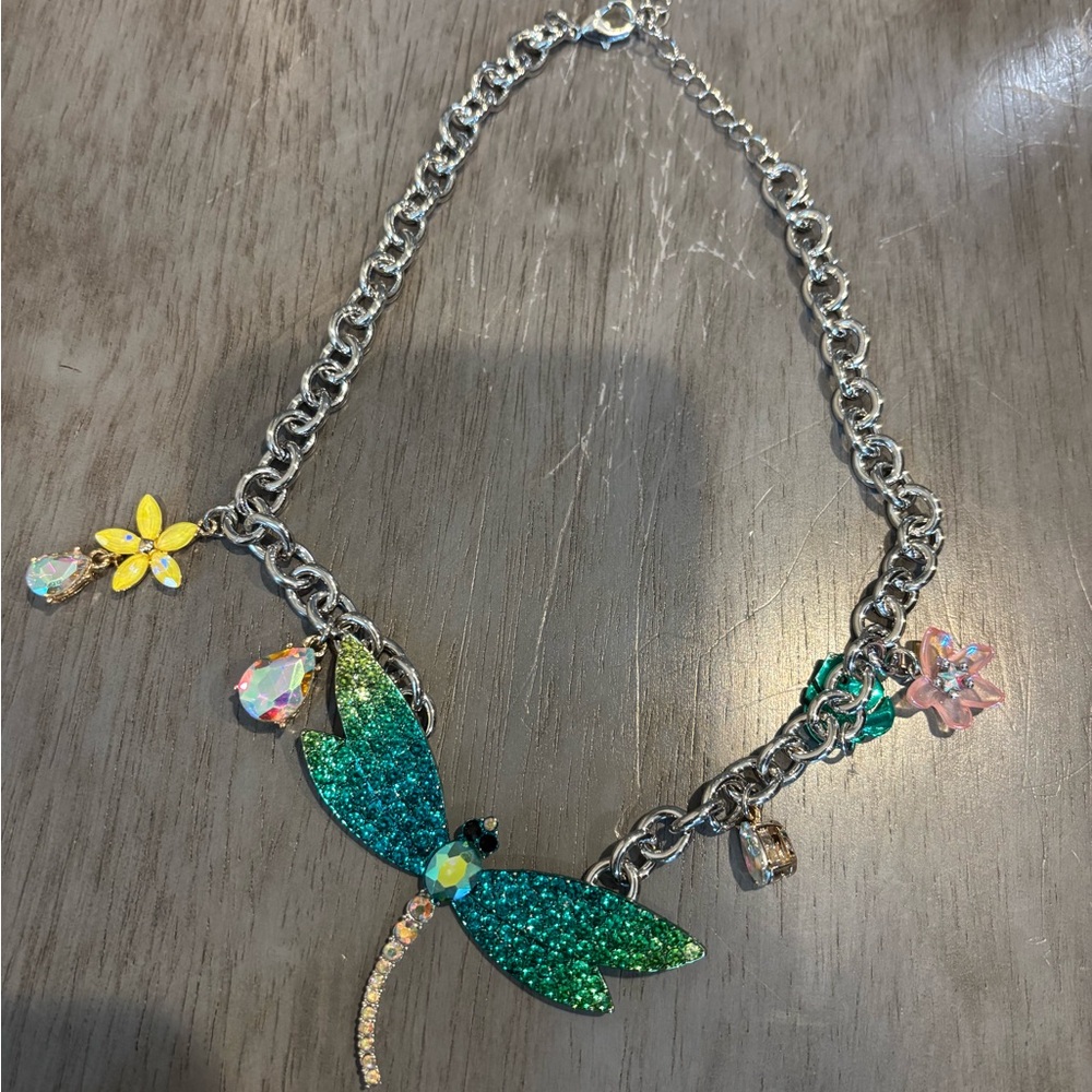 Betsey Johnson Silver Necklace with Green and Yellow Dragonfly